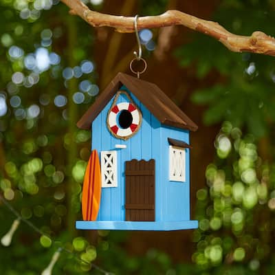 Glitzhome 10"H Solid Wood Beach Hut Decorative Garden Birdhouse - 5.75''L X 5.00''W X 10.00''H