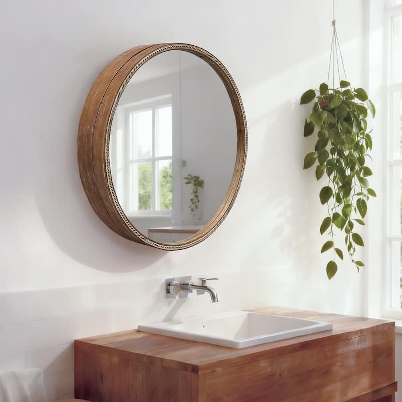 23.62" Sliding Round Wall Mirror with Storage Shelves - 2-Tier Wooden Side Cabinet, Space-Saving Hanging Mirror