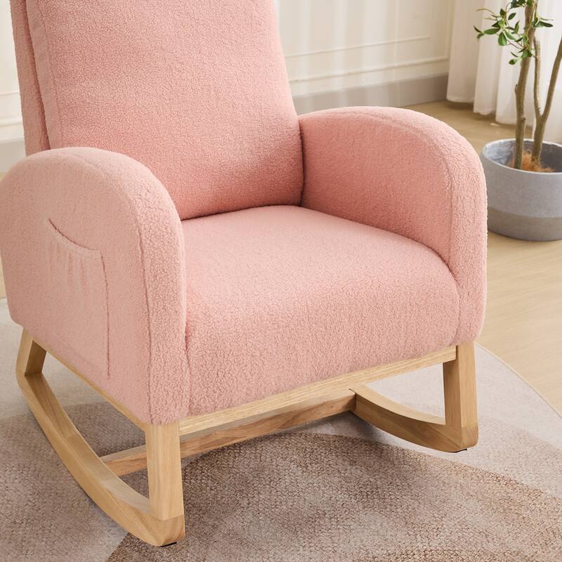 Modern 27.17" High Back Rocking Chair with Side Pocket and Rubber Wood Legs