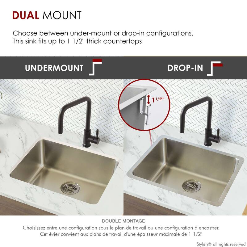 STYLISH 23 inches Dual-Mount Stainless Steel Single Bowl Kitchen Sink - 23" x 18" x 9"