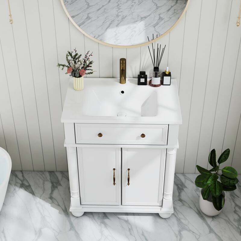 27.8-Inch Mid-Century Bathroom Vanity Sink with Roman Column Base, Farmhouse Freestanding Storage Cabinet