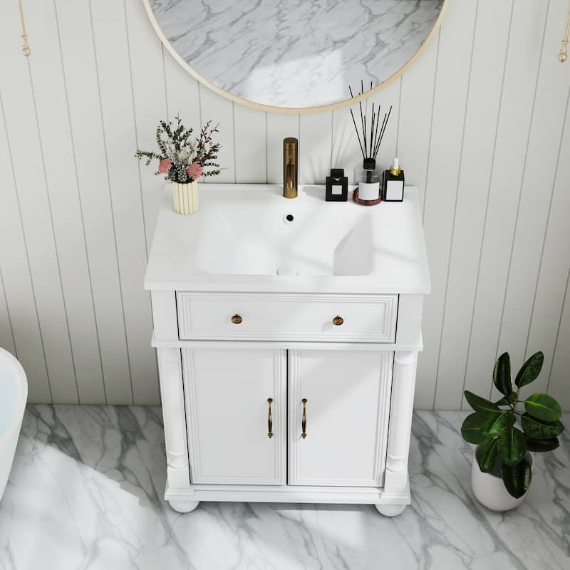 28"/36" Bathroom Vanity with Sink, Integrated Ceramic Basin Vanity Cabinet with Roman Column Base, Solid Wood Frame