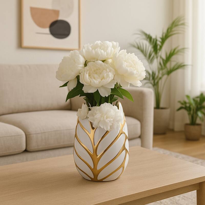 Ceramic Modern Leaf Sculptural Flower Vase - Gold/ Metallic - 8.0"