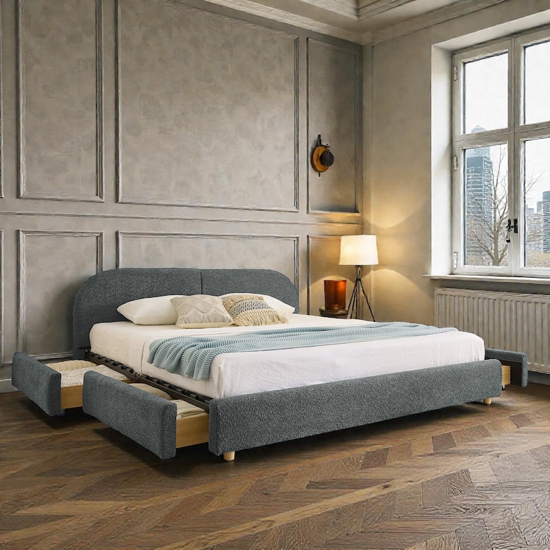 Upholstered Bed Frame with Tall Curved Headboard and Storage Drawers, Modern Minimalist Platform Bed No Box Spring