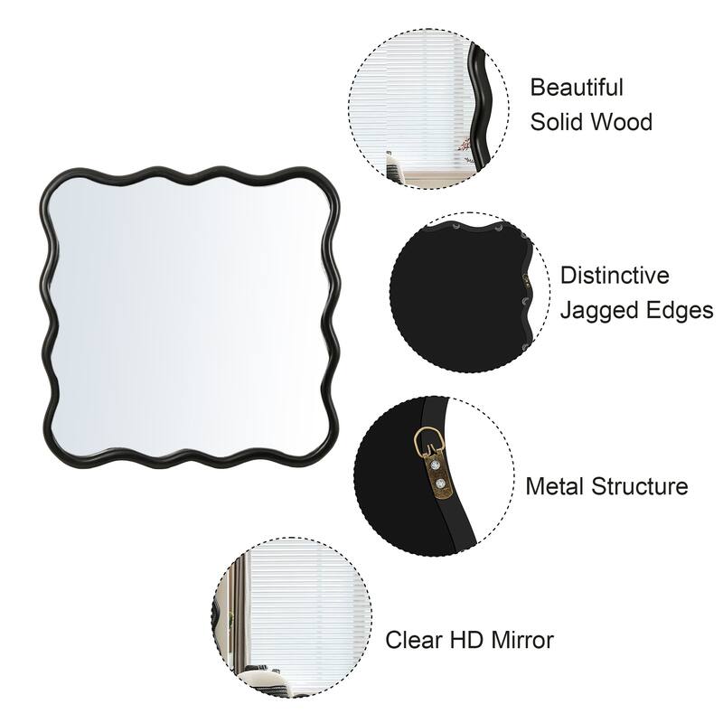 Roomfitters 36" x 36" Solid Wood Wavy Square Mirror, Modern Wall Decor for Bathroom & Entryway, Black