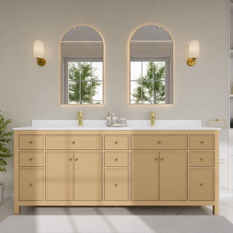 Wyndham Collection WCF9292-84D-QTZ-UNSMXX Pendry 84" Free Standing - Tanned Oak / White Quartz Top / Brushed Gold