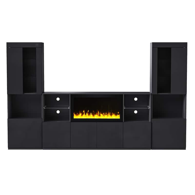TV Stand with 34.2" Non-heating Electric Fireplace,Entertainment Center with LED Light,Tempered Glass Shelves for TVs up to 75"
