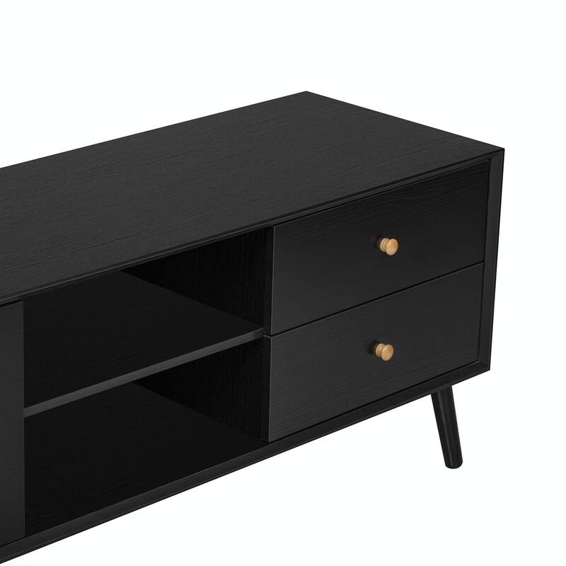 70" TV Stand for TVs up to 80 Inches, Mid-Century Modern Entertainment Center with Rattan Doors