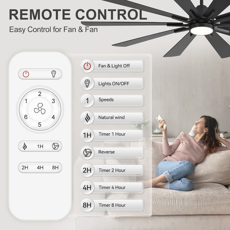 62"/72" Reversible 10-Blade Large LED Ceiling Fan with Light and Remote