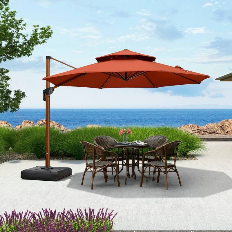 PURPLE LEAF 11ft Round Wood Pattern Patio Cantilever Umbrella