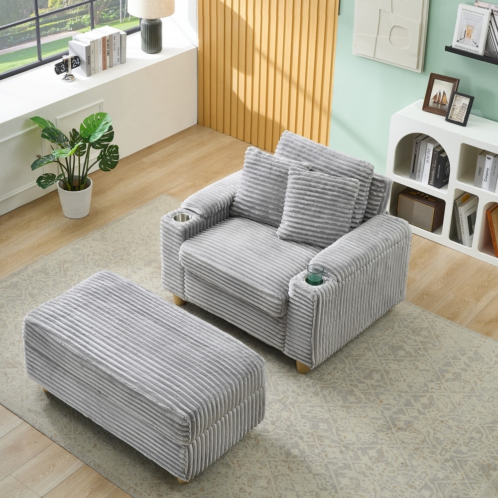 Corduroy Accent Chair & Storage Ottoman Set of 2, Single Sofa Armchair Lounge Chair with Pillows & Cup Holders