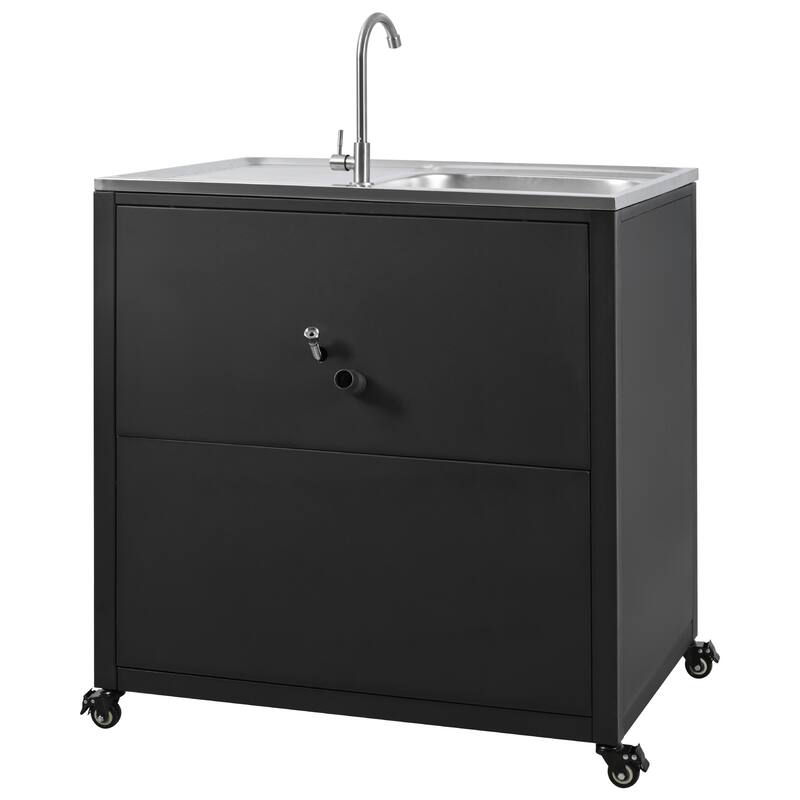Roomfitters Outdoor Modular Kitchen Sink Station with Movable Cabinet for Patio Garden, Matte Black