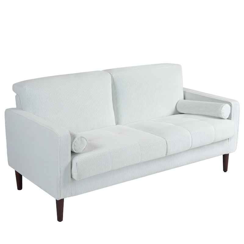 Modern Corduroy Upholstered Loveseat with Bolster Pillows and Wood Legs