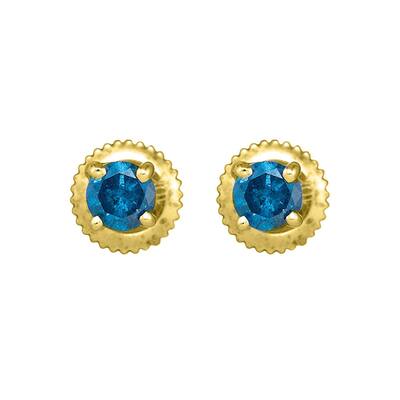 10k Yellow Gold 1/2 Carat Round Blue Color Enhanced Diamond Solitaire Earrings for Women
