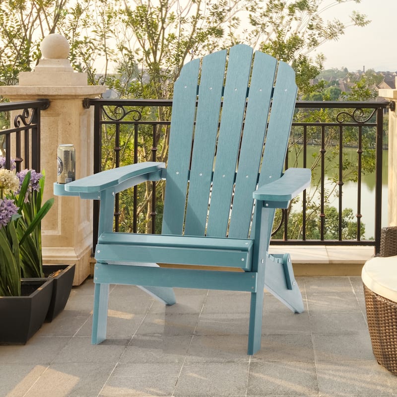 LIVOOSUN Outdoor Folding Adirondack Chair w/Cup Holder,Fire Pit Chairs - Lake Blue