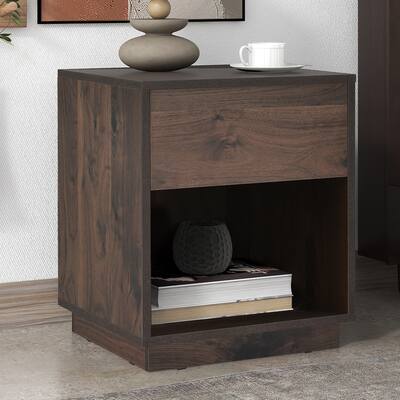 Mid-Century Modern Nightstand End Table Open Storage with  One Drawer, Dark Brown