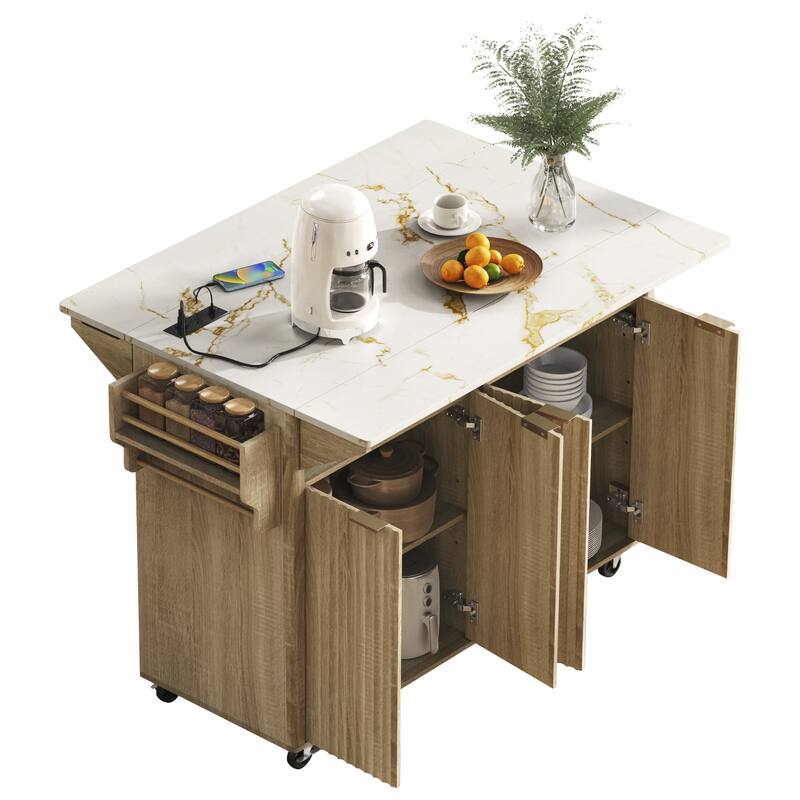 55.5" Fluted Kitchen Island with 2 Drop Leaf and Power Outlet