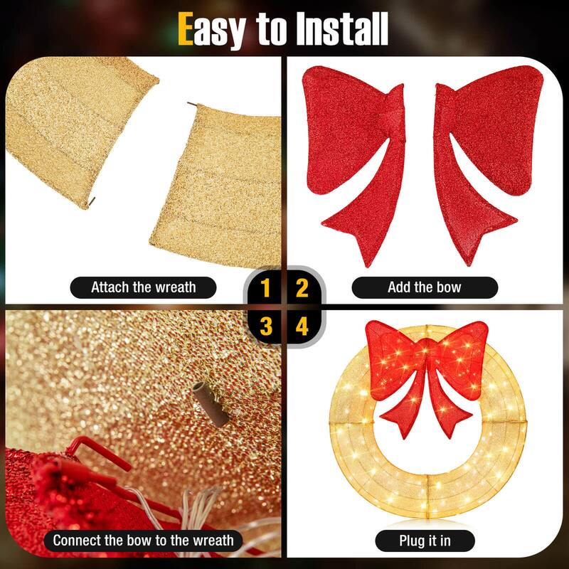 Costway 48 Inch Pre-Lit Christmas Wreath with 200 LED Lights Red Bow - See Details