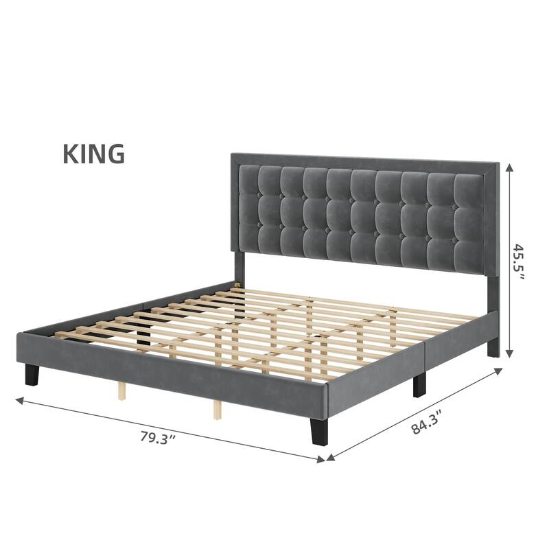Button Tufted Velvet Platform Bed with Adjustable Headboard