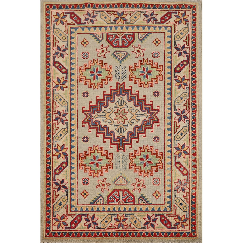 Geometric Kazak Foyer Rug Hand-Knotted Wool Carpet - 2'9"x 4'0"