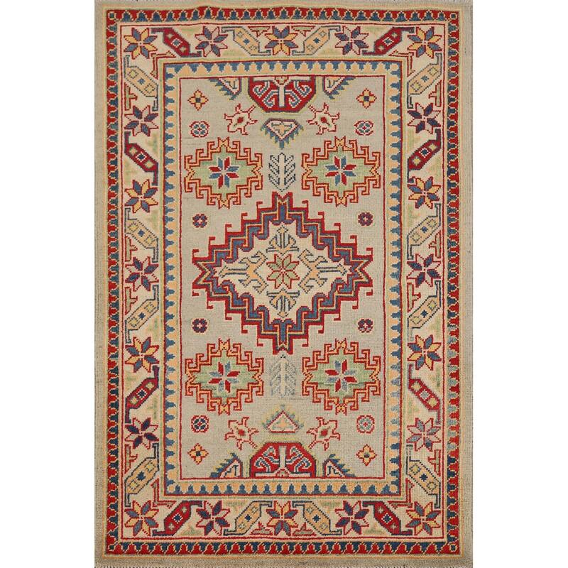 Geometric Kazak Foyer Rug Hand-Knotted Wool Carpet - 2'9"x 4'0"