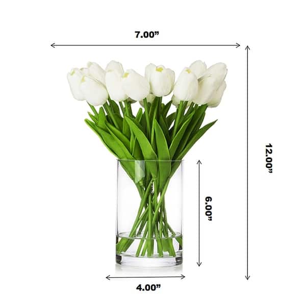 dimension image slide 5 of 7, Enova Home 20 Pieces Artificial Real Touch Tulips Fake Silk Flowers Arrangement in Glass Vase with Faux Water for Home Decor
