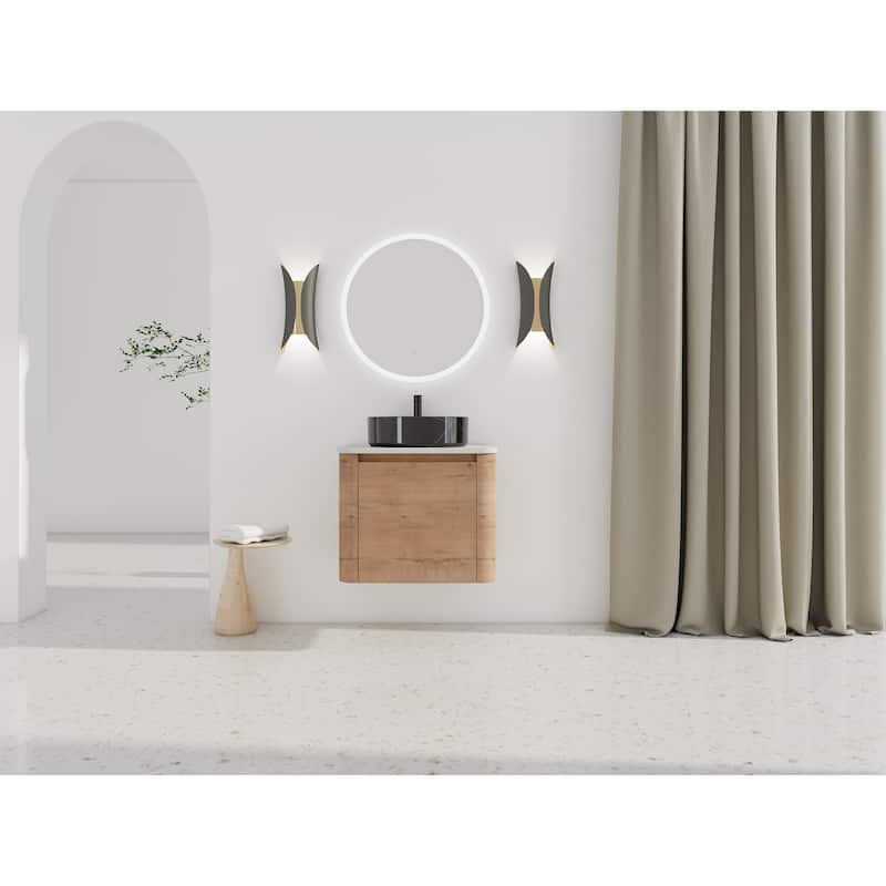 24'' Wall-Mounted Bathroom Vanity With Ceramic Art Sink & 1-Soft-Close Door,KD-Packing, Plywood