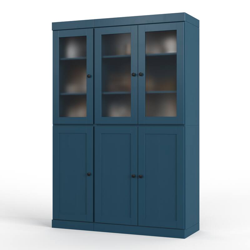 Palace Imports 100% Solid Wood 48.5" Pantry Cabinet with Frosted Glass, Shaker Doors and Adjustable Shelves - Teal Blue