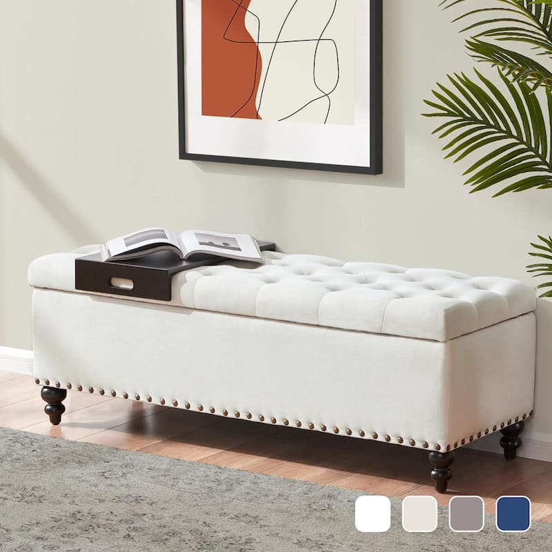 50-inch Button-Tufted Storage Bench Ottoman with Removable Tray for Living Room Bottom rivets design