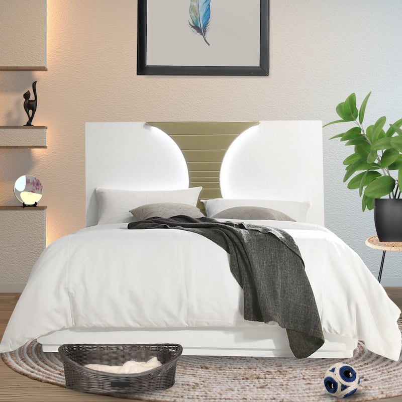 Claire Collection White Gold LED Wood Modern Bed - Queen