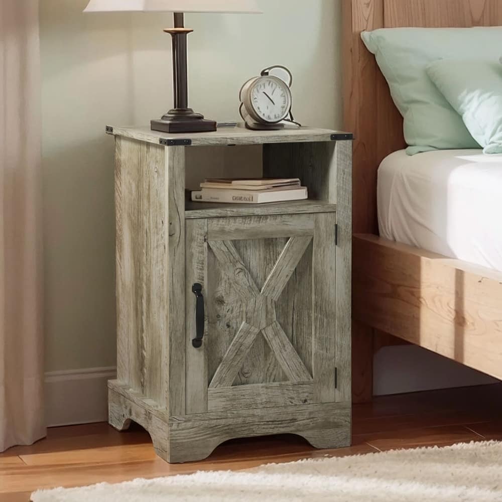 Farmhouse Nightstand with Charging Station and Barn Door