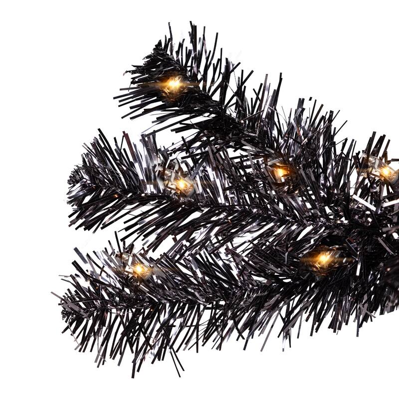 Pre-Lit Artificial Tinsel Halloween Tree - 3' - Black - Clear Lights - 3 Foot