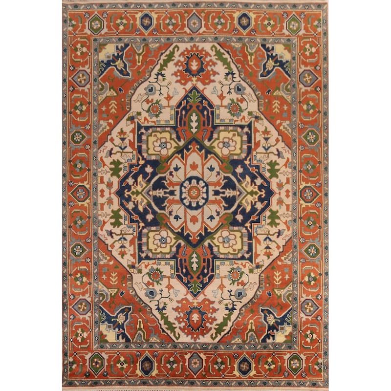 Peach Geometric Heriz Serapi Indian Area Rug Hand-Knotted Wool Carpet - 8'11" x 11'8"