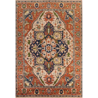 Peach Geometric Heriz Serapi Indian Area Rug Hand-Knotted Wool Carpet - 8'11" x 11'8"
