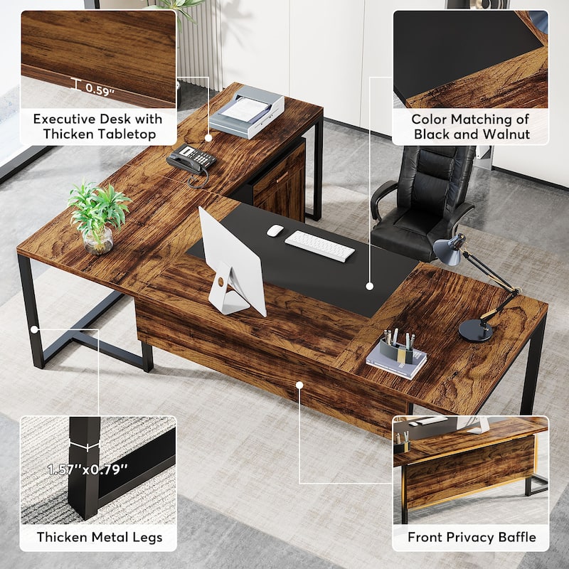 70.8’’ Executive Desk with File Cabinet, Large L-Shaped Office Executive Desk Computer Desk
