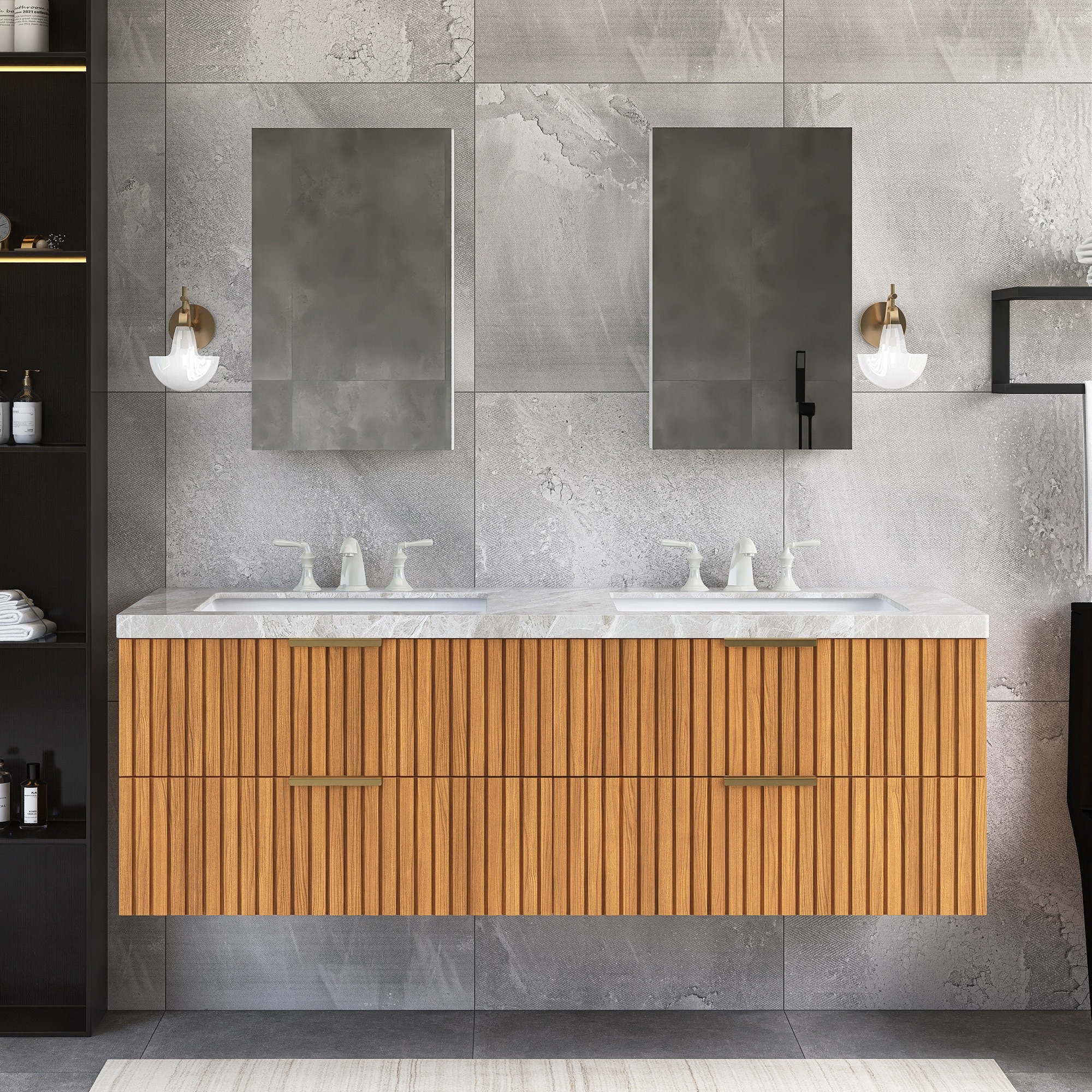 59.9" Wall-Mounted Bathroom Vanity in Brown Oak with Ceramic Sink - 59.84'' x 19.69'' x 20.47''