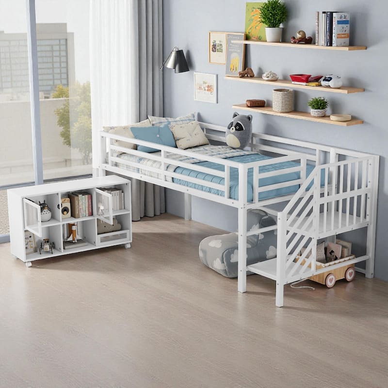 Low Twin Metal Loft Bed with Stairs and 6 Storage Cubbies, Space-Saving Kids Loft Bed Frame