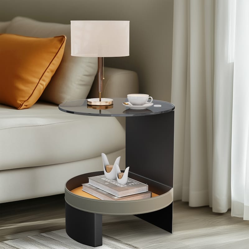 2-Tier Round Side Table Tempered Glass Top Handicraft Saddle Leather Basket