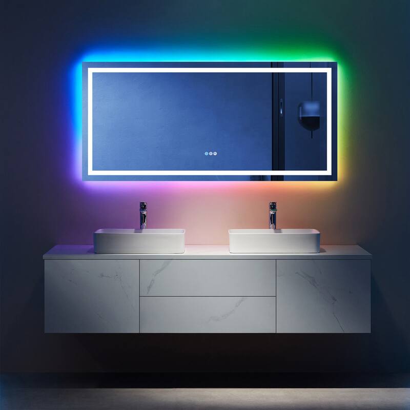 Super Bright RGB Backlit & LED Frontlit Anti-Fog Bathroom Vanity Mirror in Tempered Glass & ETL