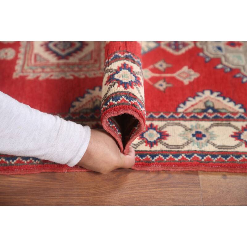 Hand Knotted Oriental 100% Wool Carpet Traditional Geometric Red Kazak Runner Rug - 9' 3'' X 2' 9''