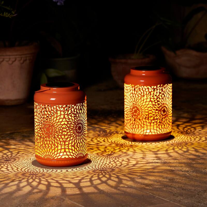 Glitzhome Set of 2 Metal Cutout Solar LED Outdoor Waterproof Hanging Lanterns