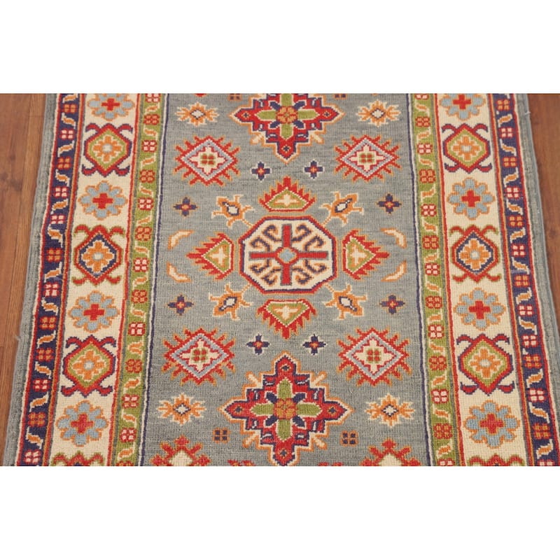 Geometric Kazak Accent Rug Hand-Knotted Grey Wool Carpet - 2'8" x 4'1"