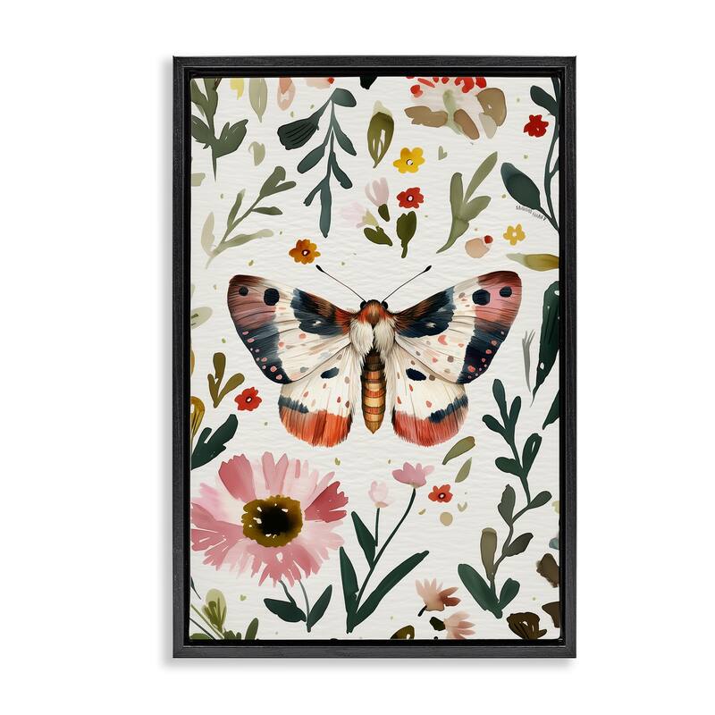 Stupell Moth & Organic Flowers Framed Floater Canvas Wall Art Design By The Dutch Lady - 17 x 25 - Black