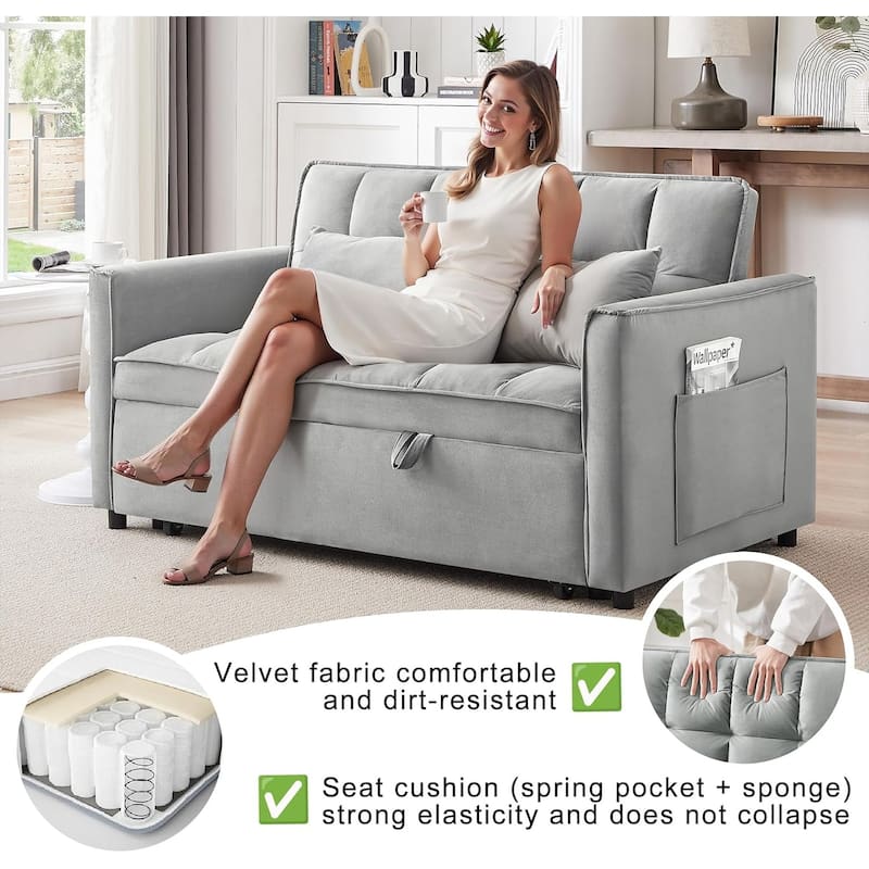 3 in 1 Convertible Sleeper Sofa Bed, Futon Couches for Living Room with Side Pocket, Adjustable Backrest