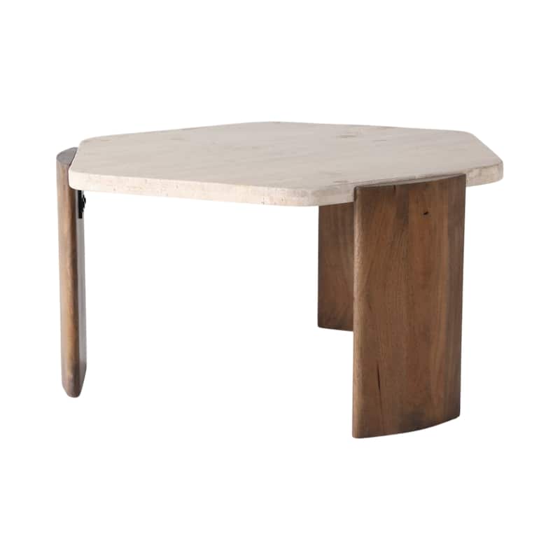 Travertine Mango Wood Coffee Table Curved Legs Modern Glam - 17" Brown - 32" x 32" x 17"