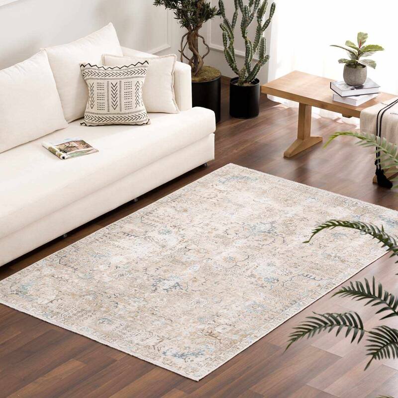 Hauteloom Caylin Living Room, Bedroom Machine Washable Area Rug - Cream, Dark Brown, Peach - 5' x 7'6" - 7'10" x 10'3" - Cream, Dark Brown, Peach / Caylin