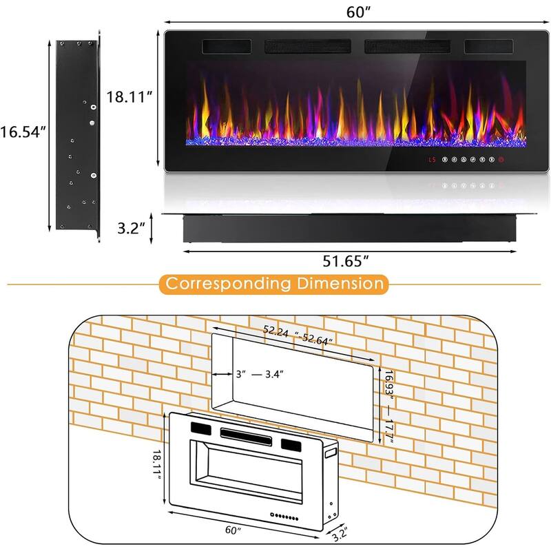 Bossin Electric Fireplace Recessed and Wall Mounted,750/1500W Fireplace Heater and Fireplace with Touch Screen Control Panel - 72 inch