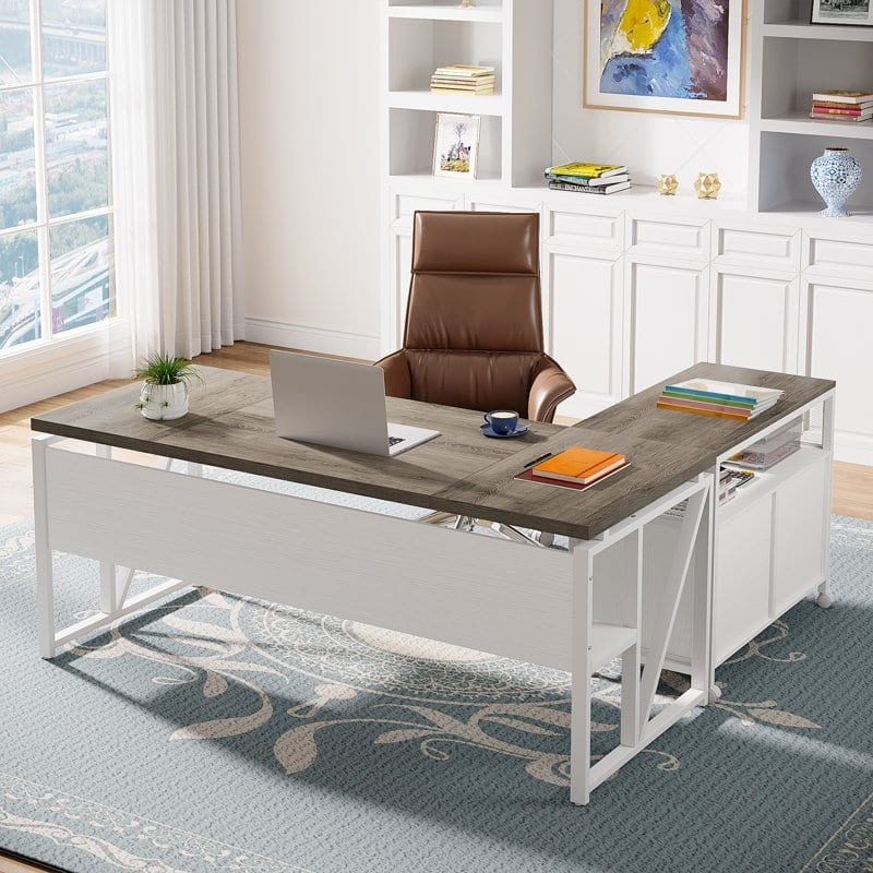 L Shaped Desk with Drawer, Executive Desk and lateral File Cabinet, 2 Piece Home Office Furniture