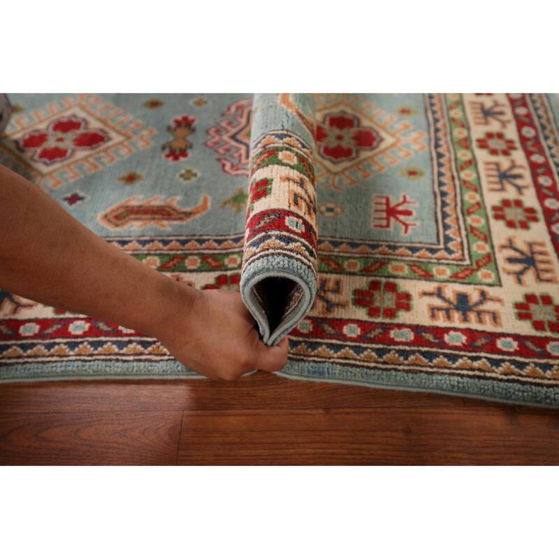 Light Blue Geometric Kazak Accent Rug Hand-Knotted Foyer Wool Carpet - 2'8" x 4'3"