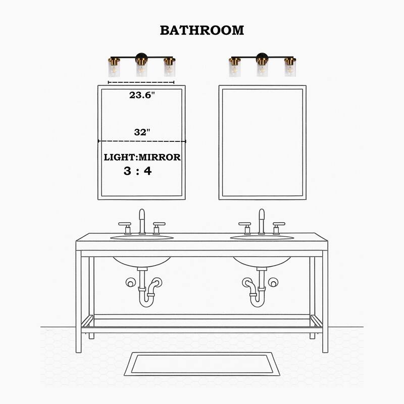 3-Light Modern Bathroom Vanity Light Black Brushed Brass Wall Sconce with Clear Glass Shades for Mirror